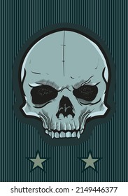 Cool skull - single skull, hand drawn on striped background with stars for t-shirt design or poster