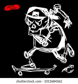 Cool skull skateboarder in hand drawn sketch style. 