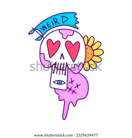 Cool skull with sunflower, and melt monster, illustration for t-shirt, sticker, or apparel merchandise. With doodle, retro, and cartoon style.