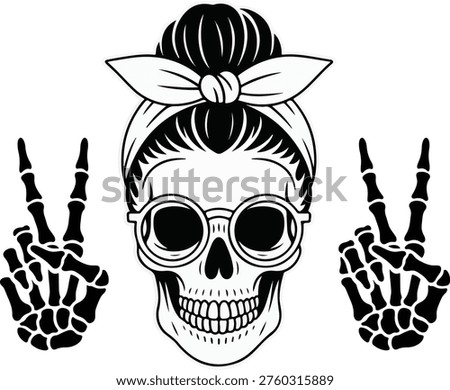Cool Skull with Sunglasses and Skeleton Peace Hands Vector Illustration, Rock Style Skeleton Graphic