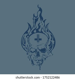 Cool skull tattoo with fire. Stationery decoration, digital printing, fabric printing, advertising, web.