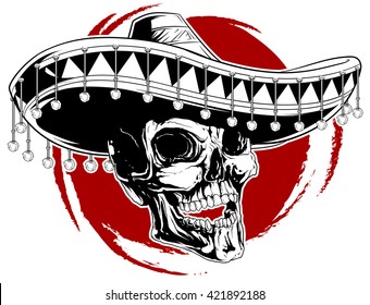 Cool skull tattoo in sombrero on the red background