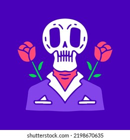 Calavera fría en esmoquin con dibujos animados de flores cruzadas, ilustración para camisetas, pegatinas o prendas de vestir. Con estilo pop moderno y retro.