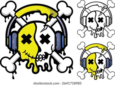 Cool skull vector with headphones, melting effect, cross bones. EPS 10 format, easy to edit, suitable for stickers, t-shirts and logos.
