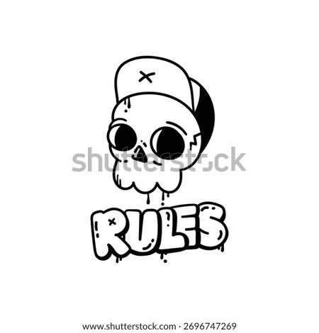 Cool skull wearing cap with graffiti text rules dripping style street art t-shirt design