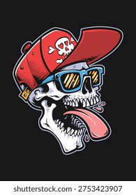 Cool Skull Wearing Cap and Sunglasses Cartoon Illustration