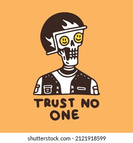 Cool skull wearing helmet   vest and trust no one typography  illustration for t  shirt  sticker  apparel merchandise  With retro cartoon style 