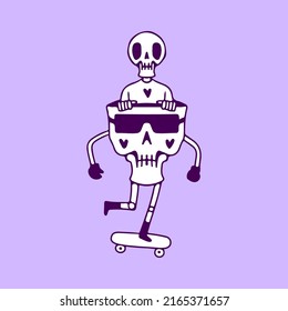 Cool skull wearing sunglasses riding skateboard, illustration for t-shirt, sticker, or apparel merchandise. With doodle, vintage, and cartoon style.