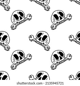 Cool skull and wrench on white background seamless pattern. Modern vintage, pop art style seamless pattern concept.