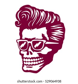 Cool skull zombie head with rockabilly pomp hairstyle and sunglasses tattoo, t-shirt or sticker design rock'n'roll vector illustration