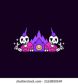 Cool skulls holding wrench with fire, illustration for t-shirt, sticker, or apparel merchandise. With doodle, retro, and cartoon style.