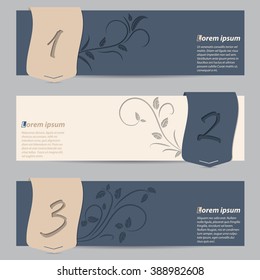 Cool slate blue banner set with numbered ribbons and floral elements