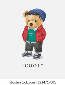 cool slogan with cute bear doll in colorful fashion style vector illustration
