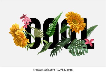 cool slogan with sunflowers and palms leaf illustration