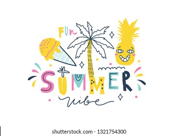 Cool slogan for t shirt. Modern beautiful print for kids. Vector illustration. Creative typography slogan design. Sign "SUMMER VIBE".