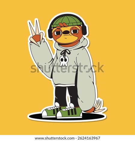 Cool sloth character in a hoodie with scull, beanie and headphones. Vector illustration. Isolated image of a cute teenager mascot. Bright trendy flat colors. Sticker set.