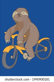 Cool Sloth Riding A Bicycle Funny Slow Animal Biker Vector Illustration Graphic Design for Document and Print