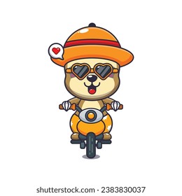 Cool sloth with sunglasses riding a motorcycle in summer day. Cute summer cartoon illustration. 