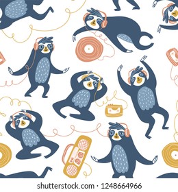 Cool sloths at the party, listening to music, dancing and sleeping. Vector seamless pattern design. Hand drawn cute animals isolated on the white background.