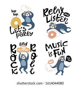 Cool sloths at the party, listening to music and relaxing. Vector design for cards, posters or print for t-shirt. Hand drawn cute animals isolated on the white background with lettering