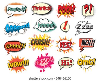 Cool, smack, oops, wow, thanks, yes, no, hi, crash, omg, hmm, psst, shh! Bubble template for comics. Pop art comics style. Vector illustration. Isolated on white background