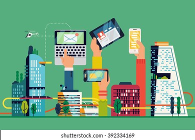 Cool Smart City Flat Illustration. Urban Development Vision To Integrate Communication And Information Technology. Modern Urban Information And Data System. City Efficiency Concept Layout