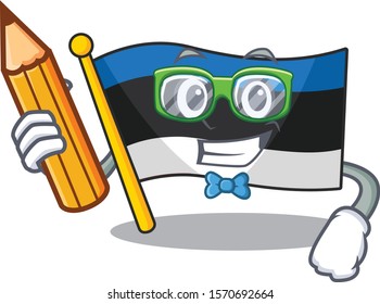 Cool smart flag estonia Student character holding pencil