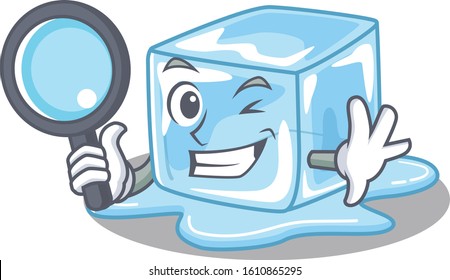 Cool and Smart ice cube Detective cartoon mascot style