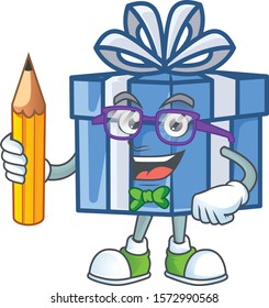 Cool smart Student blue gift box character holding pencil