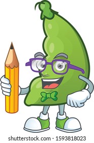 Cool smart Student broad beans mascot with a pencil