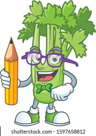 Cool smart Student celery plant mascot with a pencil