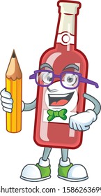 Cool smart Student champagne red bottle character holding pencil