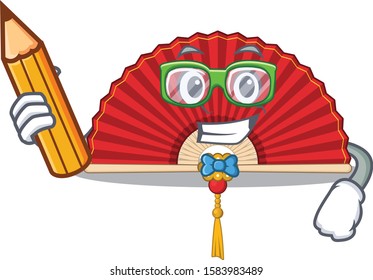 Cool smart Student chinese folding fan character holding pencil
