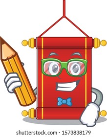 Cool smart Student chinese scrolls character holding pencil