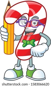Cool smart Student christmas candy cane character holding pencil