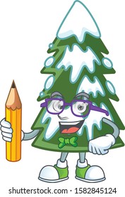 Cool smart Student christmas tree snow character holding pencil