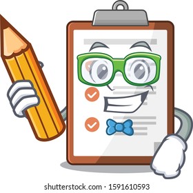 Cool smart Student clipboard Scroll character holding pencil