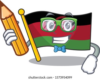 Cool smart Student flag malawi character holding pencil