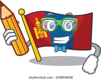 Cool smart Student flag mongolia Scroll character holding pencil