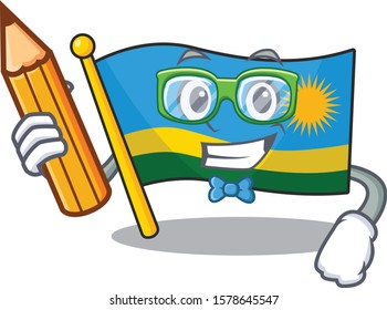 Cool smart Student flag rwanda character holding pencil