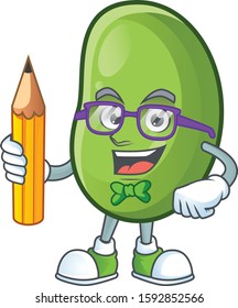 Cool smart Student green beans mascot with a pencil