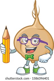 Cool smart Student jicama character holding pencil