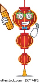 Cool smart Student lampion chinese lantern character holding pencil