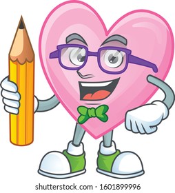 Cool smart Student pink love mascot with a pencil