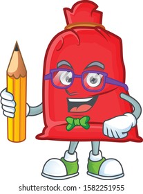 Cool smart Student santa bag close character holding pencil