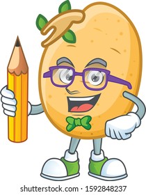 Cool smart Student sprouted potato tuber mascot with a pencil