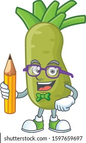Cool smart Student wasabi mascot with a pencil
