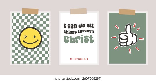 Cool Smile Posters Vector Design. Trendy Groovy Background. Funny Retro Texture