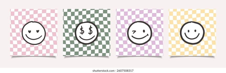 Cool Smile Posters Vector Design. Trendy Groovy Background. Funny Retro Texture