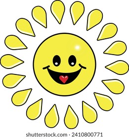 Cool Smile Y2K Stickers funny sun cartoon character for t-shirt or poster design isolated on white background. Happy sticker from 70s. Vector graphic illustration